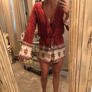 Red romper/cover up deep plunge bell sleeves